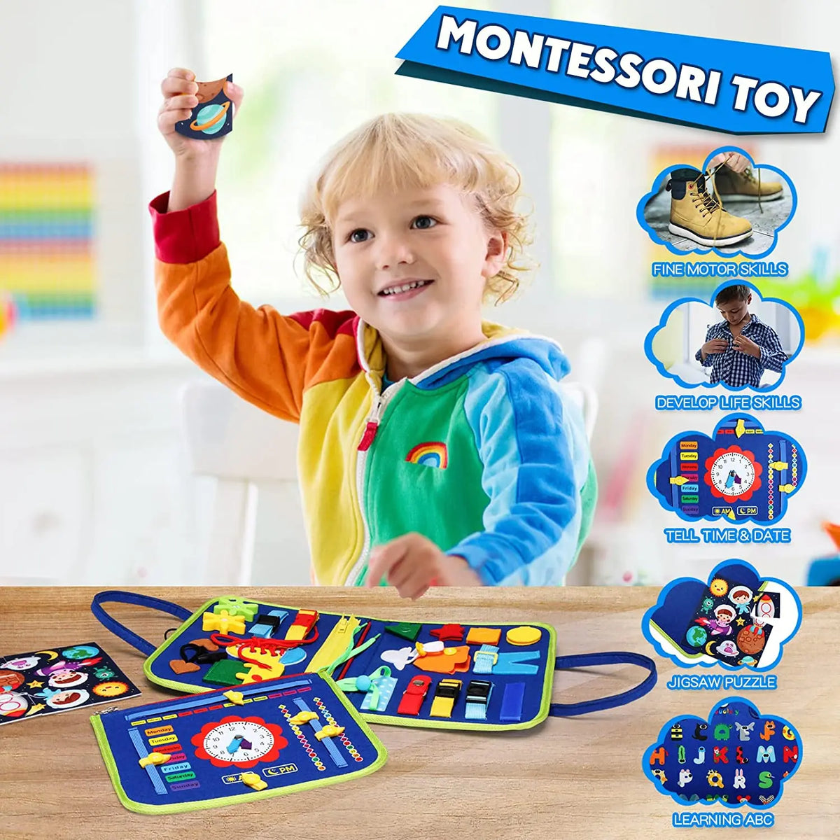 Montessori Busy Board for Toddlers, Sensory Life Skills Learning Toy