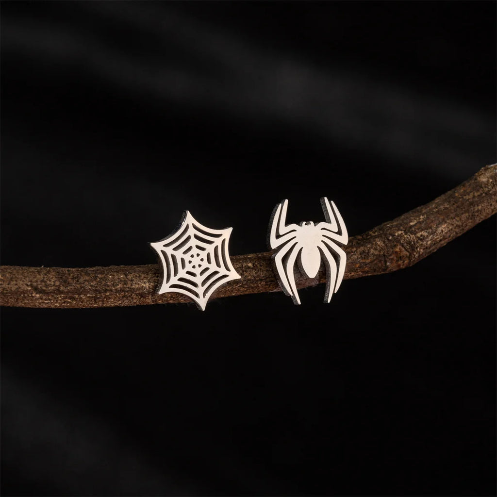Spider Web Stud Earrings Black Gothic Stainless Steel