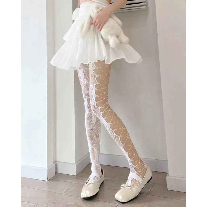 Women's Fishnet Stockings, Patterned High Waist Fishnet Tights, Fishnet Hollow Floral Thigh High Pantyhose
