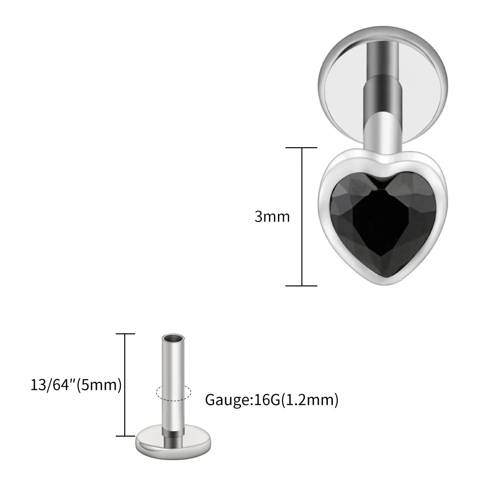 Titanium Heart Labret Stud CZ Flat Back Piercing Jewelry