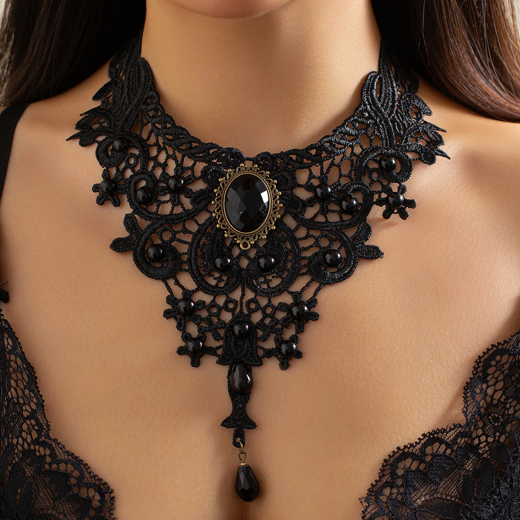 Gothic Lace Choker Black Punk Necklace Red Drop Pendant