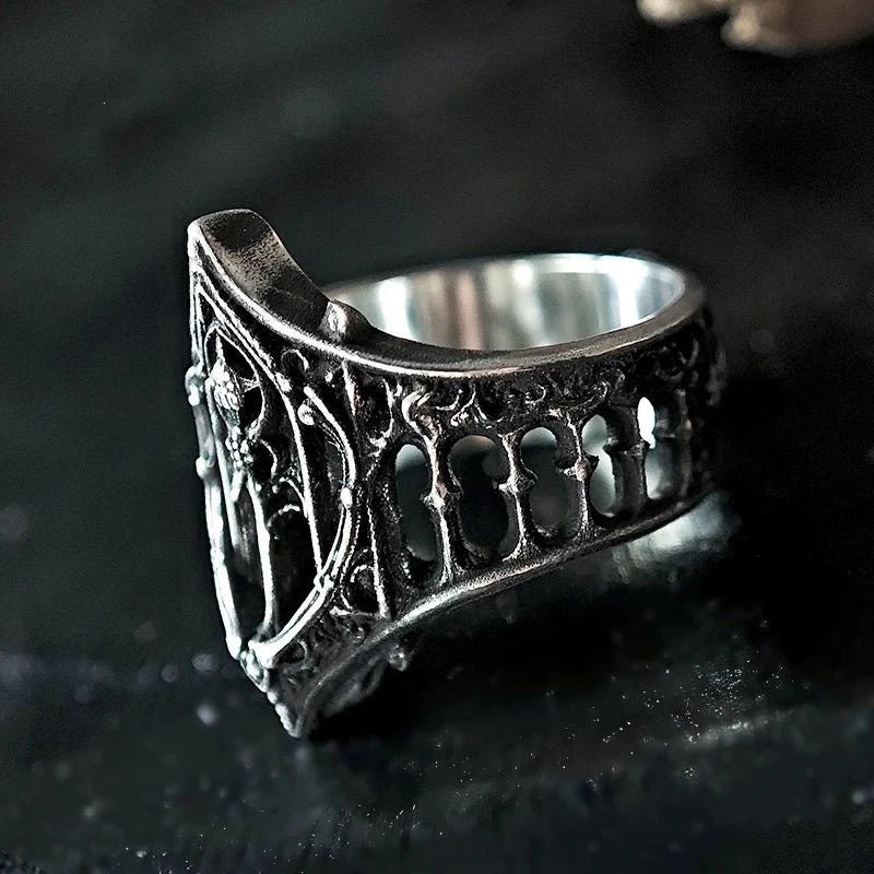 Gothic Castle Ring Silver Crown Design for Halloween & Parties