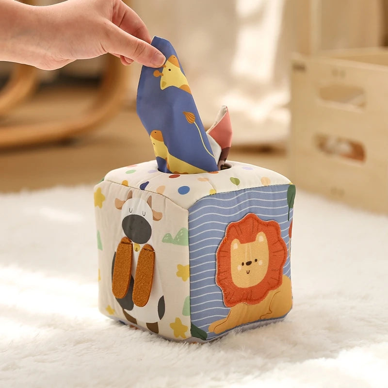 Montessori Tissue Box Toy – Baby Sensory Cloth Busy Cube
