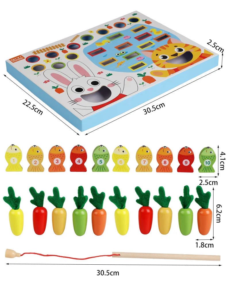 Montessori Toddler Toy – Wooden Carrot Pulling & Fishing Game Set
