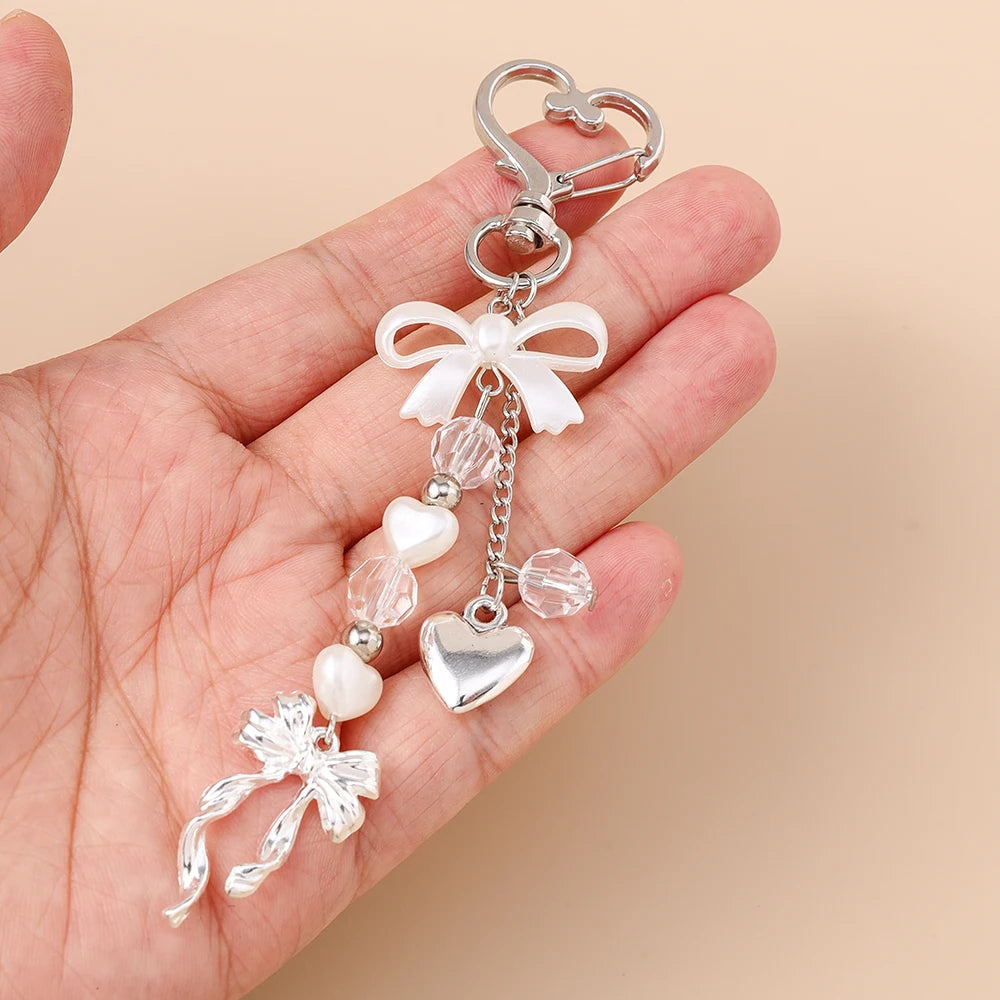 Cute Bowknot Love Heart Keychain Crystal Pearl Key Ring Pendants for Women Girls Handbag Decor DIY Handmade Key Chain Gifts