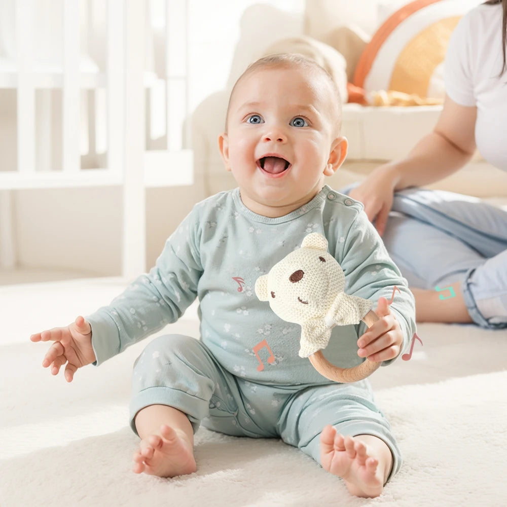 Baby Rattle Toy – Wooden Crochet Bear Teether for Newborns