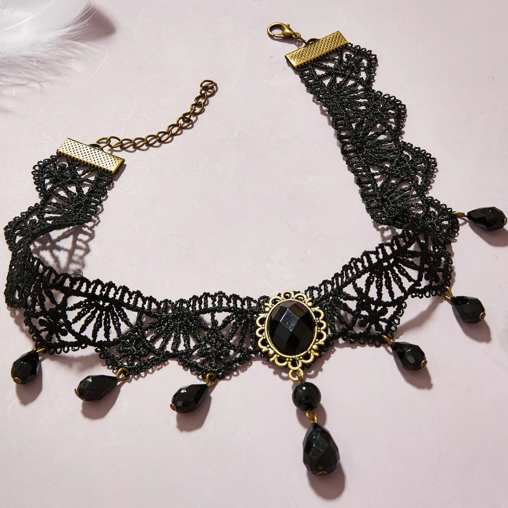 Gothic Lace Necklace Black Gemstone Vintage Court Style