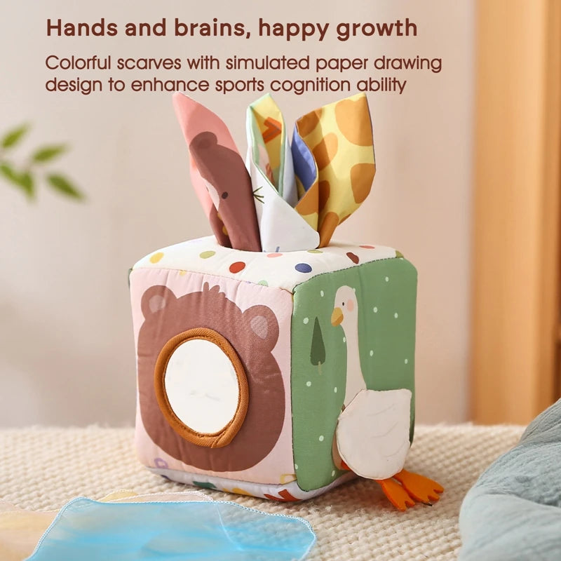 Montessori Tissue Box Toy – Baby Sensory Cloth Busy Cube