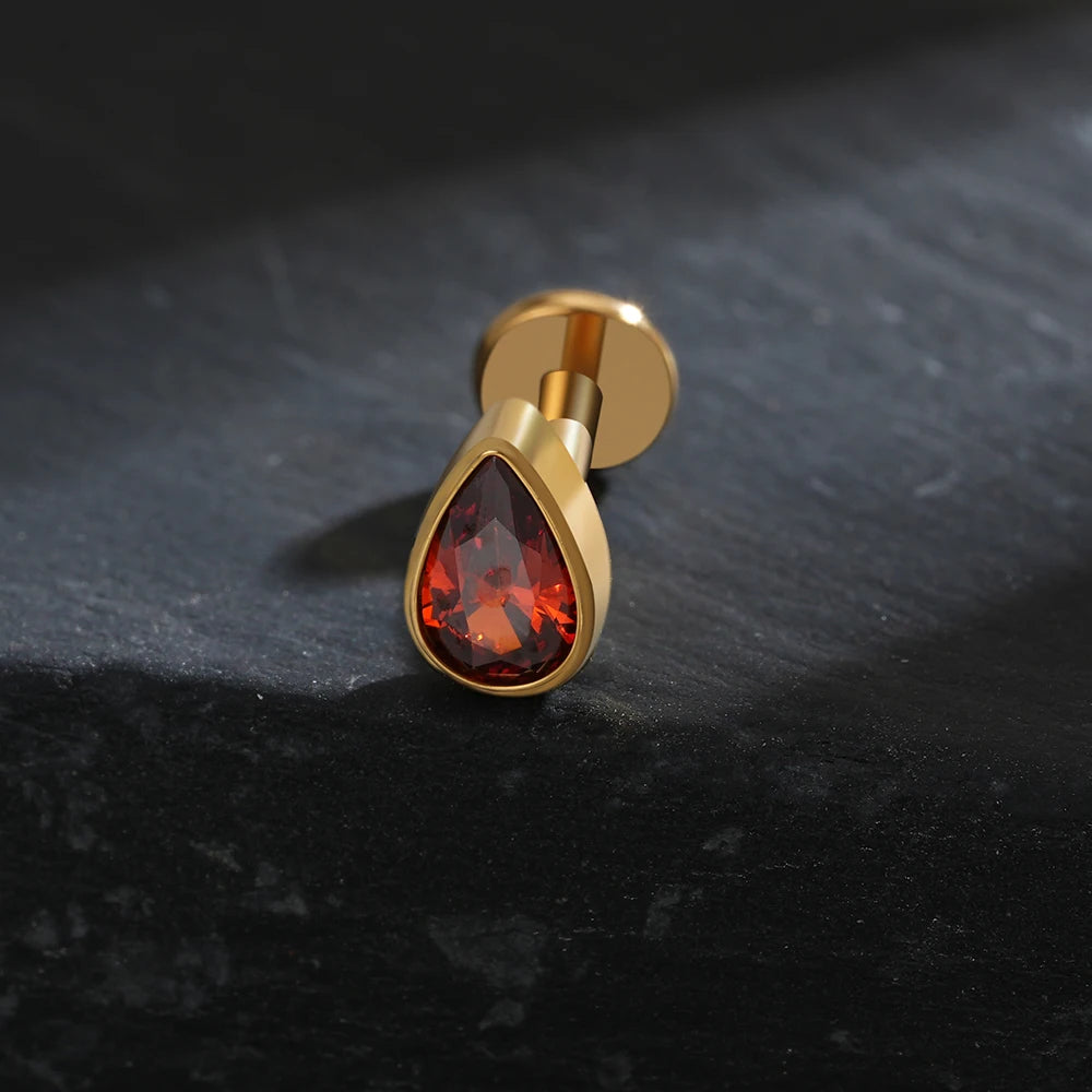 Titanium Labret Stud Teardrop Garnet CZ Cartilage Earring