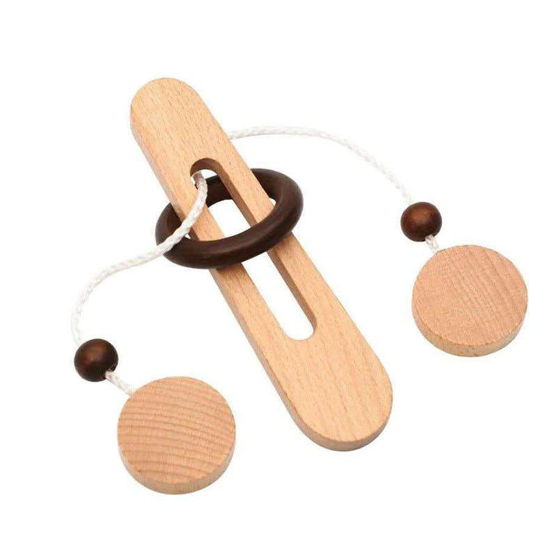 Wooden Brain Teaser Puzzle Rope Ring 3D Logic Challenge Toy