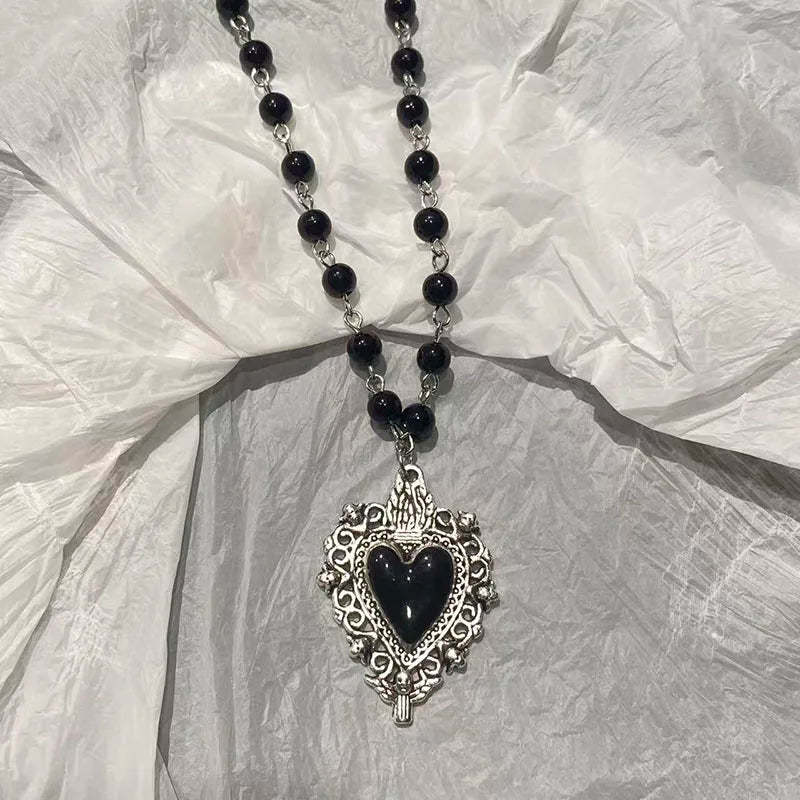 Gothic Bat Cross Necklace – Y2K Black Beaded Pendant