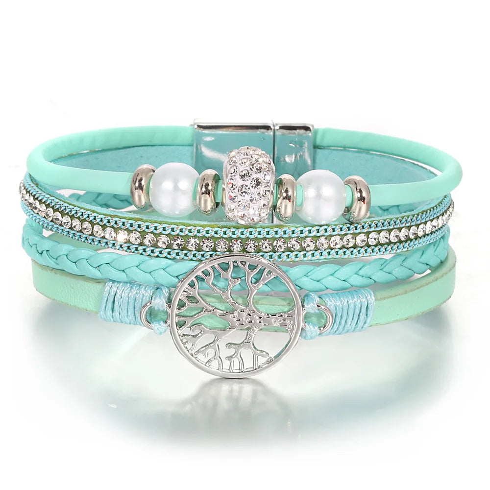 Tree of Life Bracelet Rhinestone Beaded Leather Wrap for Women