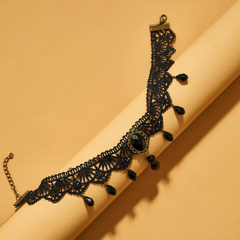 Gothic Lace Necklace Black Gemstone Vintage Court Style