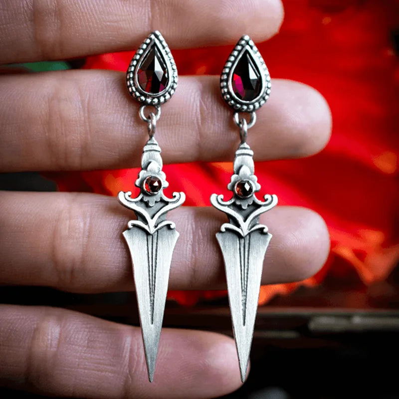 Gothic Sword Earrings for Women Red Stone Vintage Drop Jewelry