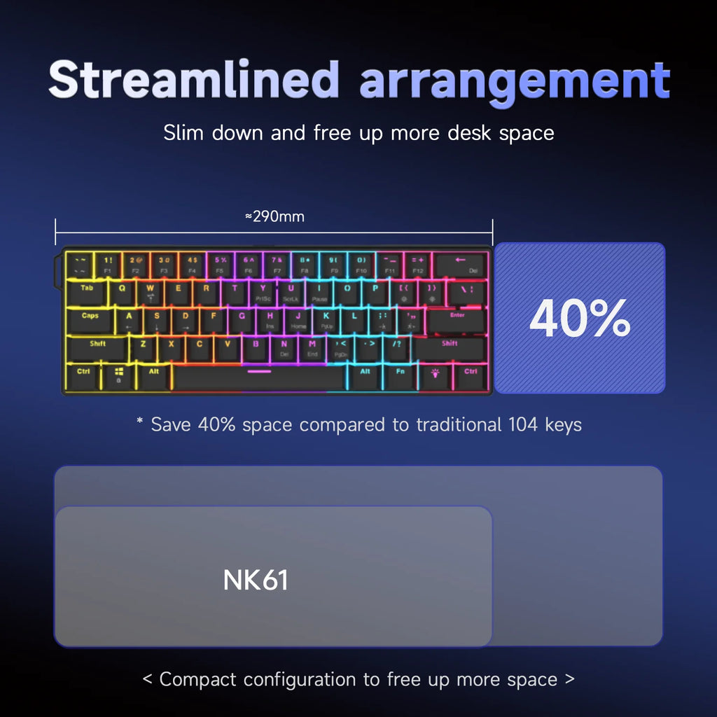 60% Mechanical Gaming Keyboard – 61 Key RGB Hot-Swappable
