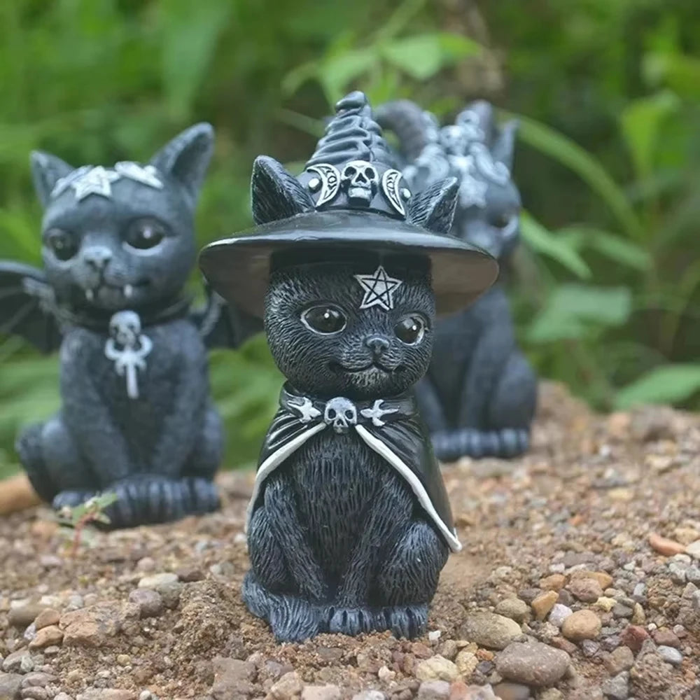 Black Cat Halloween Figurine, Resin Witch Cat Statue for Home Decor