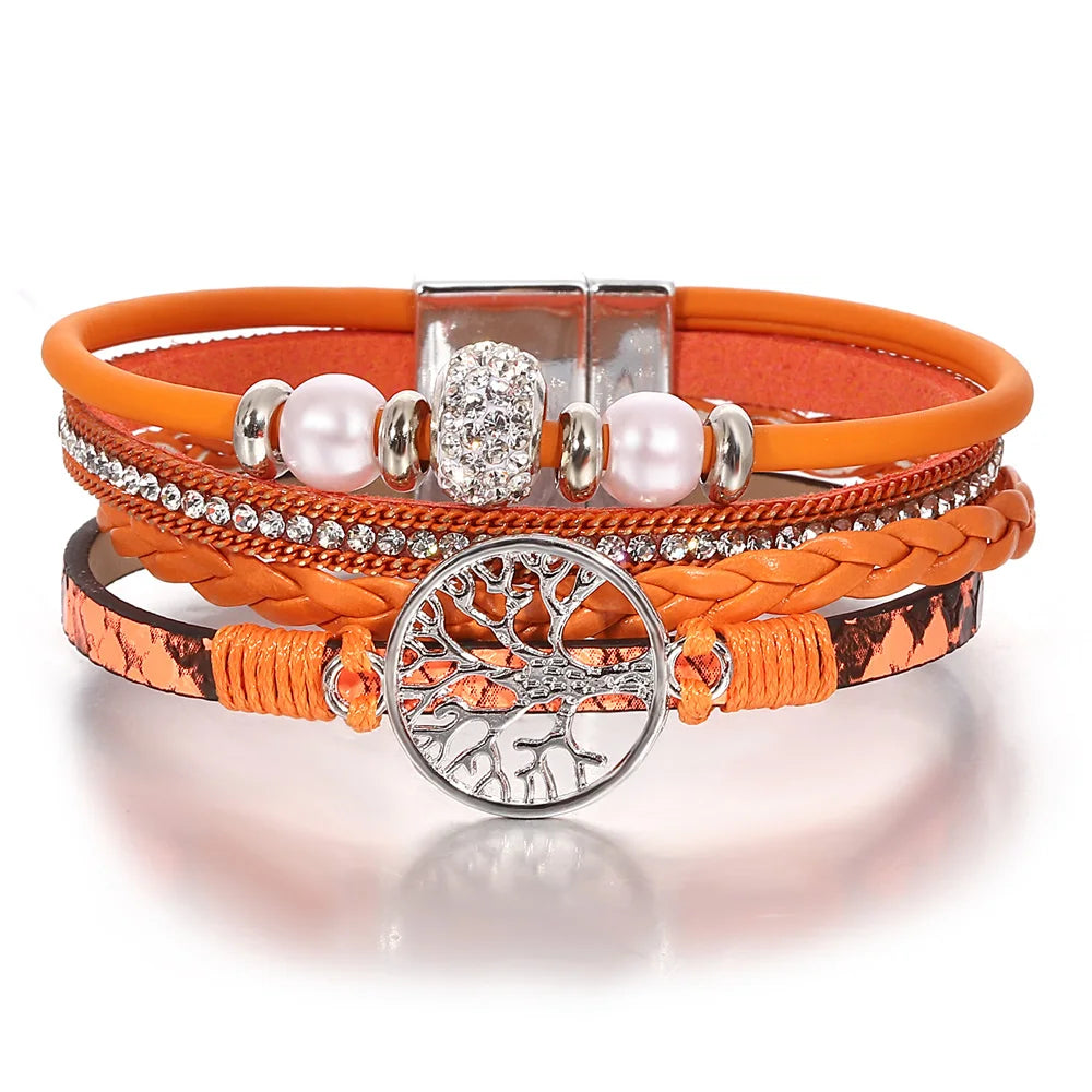 Tree of Life Bracelet Rhinestone Beaded Leather Wrap for Women
