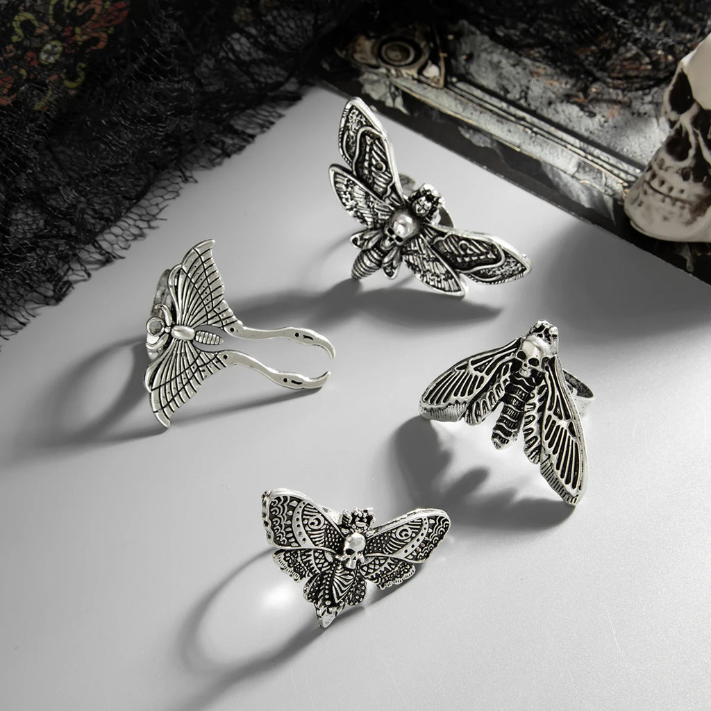 Gothic Skull Ring Set 4-Piece Butterfly Moth Punk Rings