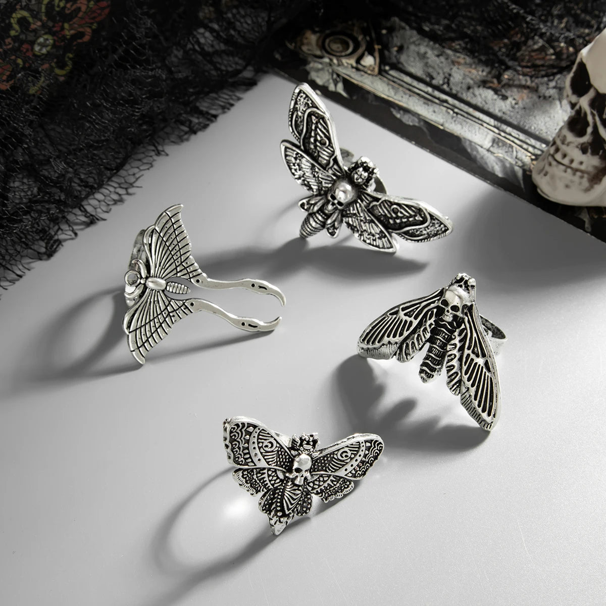 Gothic Skull Ring Set 4-Piece Butterfly Moth Punk Rings