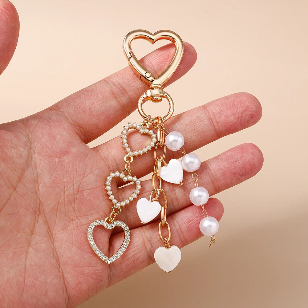 Cute Bowknot Love Heart Keychain Crystal Pearl Key Ring Pendants for Women Girls Handbag Decor DIY Handmade Key Chain Gifts