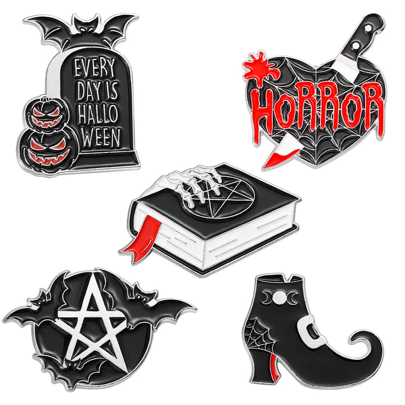 Gothic Halloween Pins Set Ghost Cat Witch Moth Punk Brooches