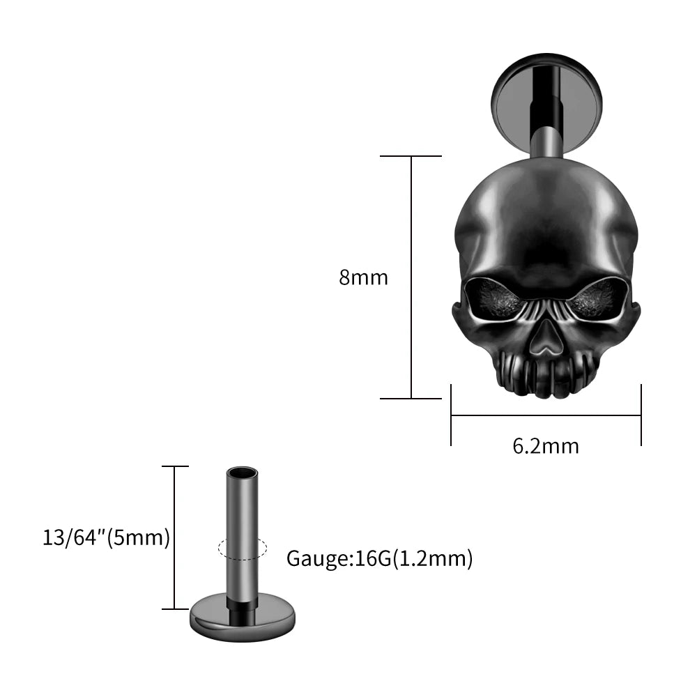 Right Grand ASTM F136 Titanium Skull Tragus Piercing 16G Skeleton Cartilage Helix Stud Earring Gothic Halloween Jewelry