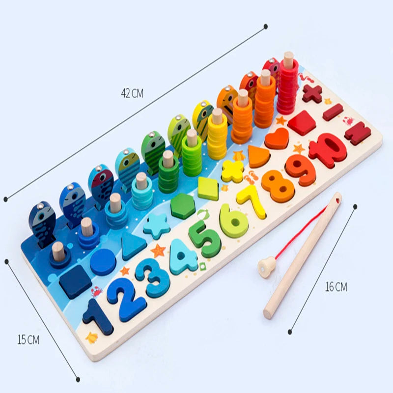 Montessori Math Puzzle Wooden Magnetic Fishing Shape Matching Toy