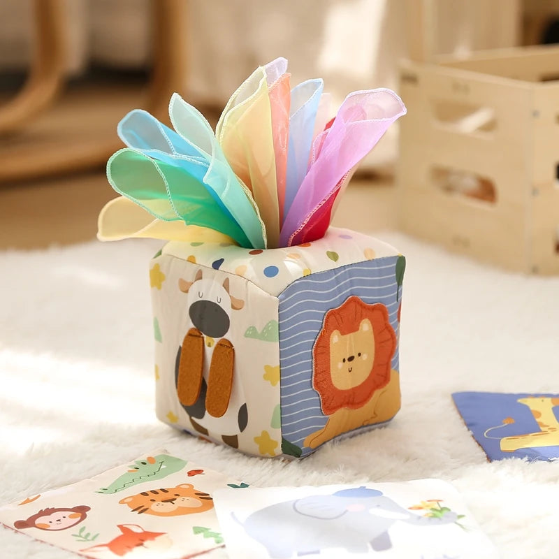 Montessori Tissue Box Toy – Baby Sensory Cloth Busy Cube