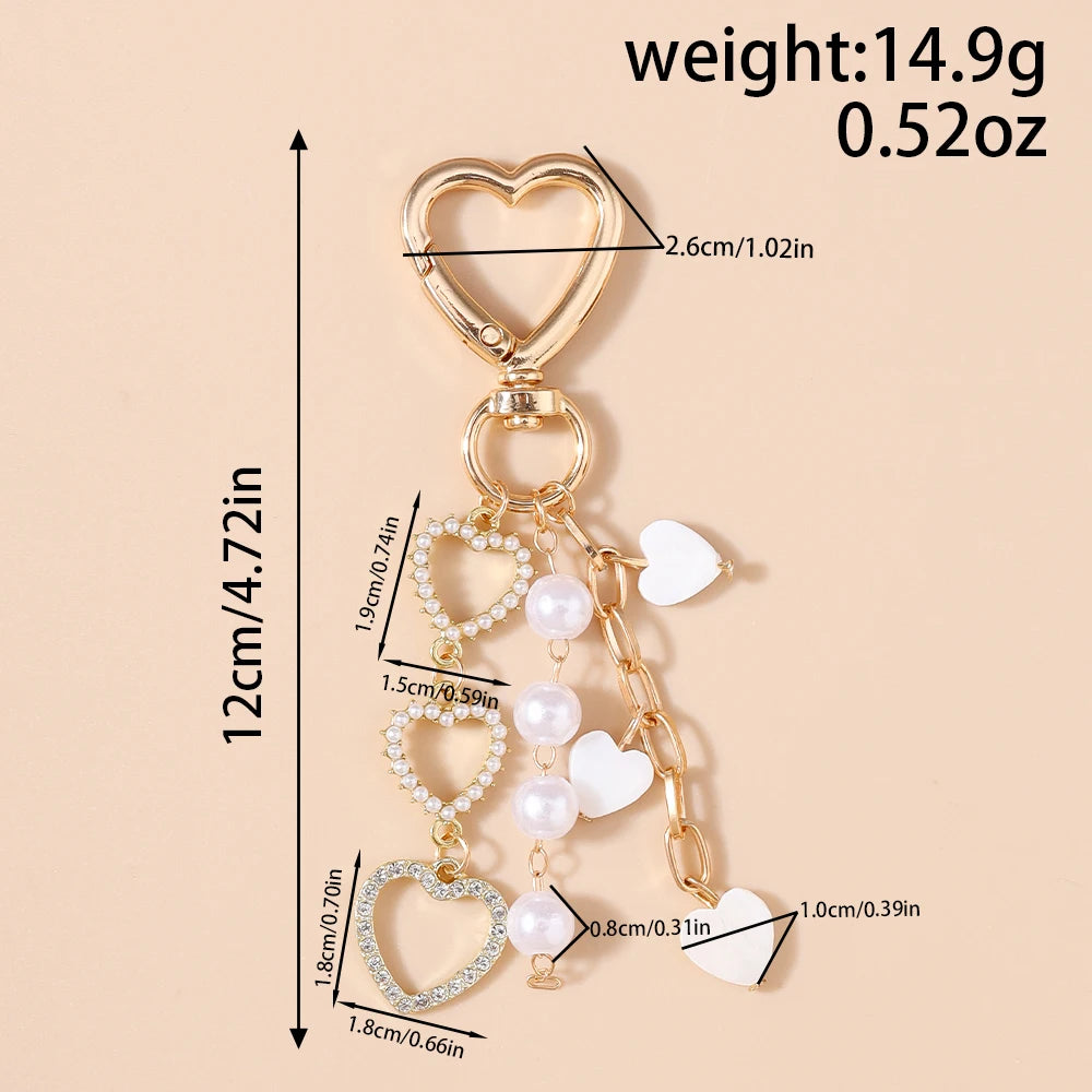 Cute Bowknot Love Heart Keychain Crystal Pearl Key Ring Pendants for Women Girls Handbag Decor DIY Handmade Key Chain Gifts