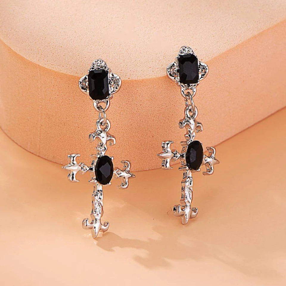 Gothic Cross Drop Earrings Black Crystal Punk Jewelry