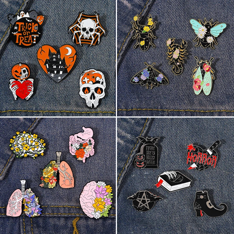 Gothic Halloween Pins Set Ghost Cat Witch Moth Punk Brooches
