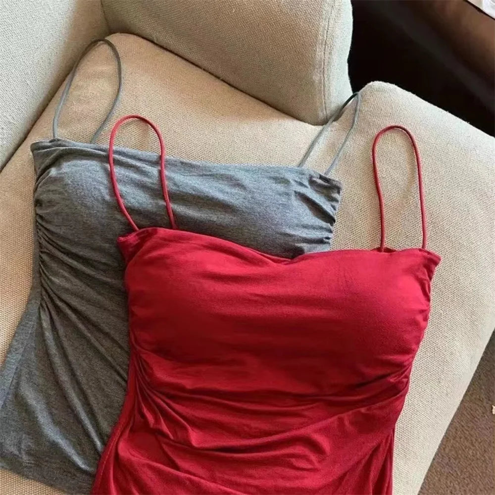 1 PC Stylish Waist Pleated Corset - Soft support fixed chest pad sleeveless vest Sexy short top with thin straps Solid color
