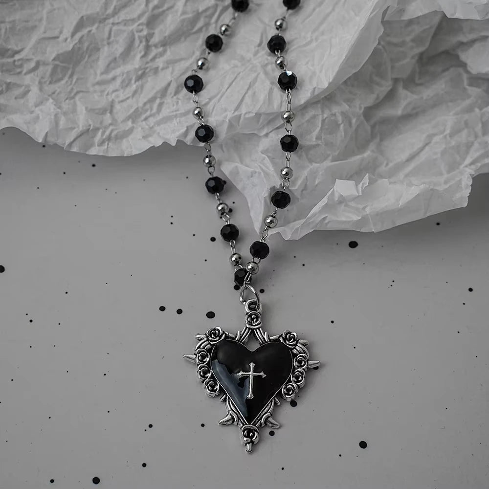 Gothic Bat Necklace Cross Pendant Y2K Black Bead Jewelry