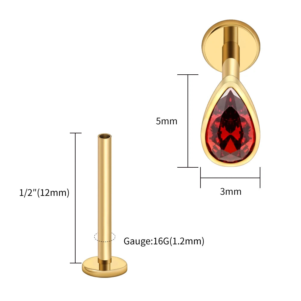 Titanium Labret Stud Teardrop Garnet CZ Cartilage Earring