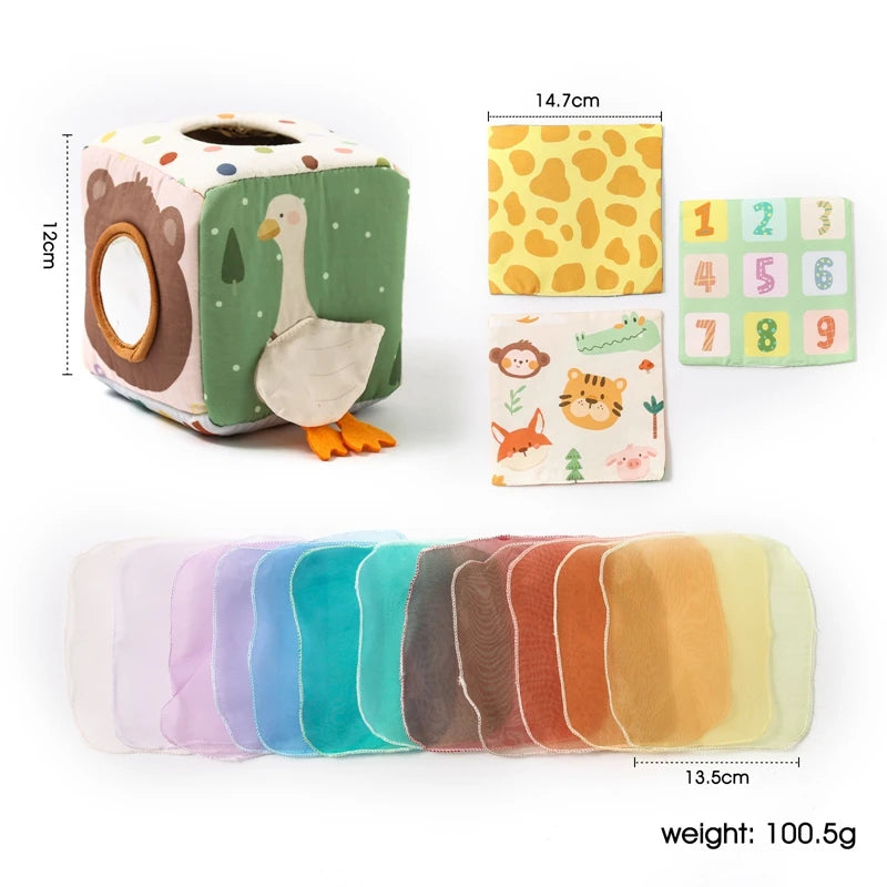 Montessori Tissue Box Toy – Baby Sensory Cloth Busy Cube