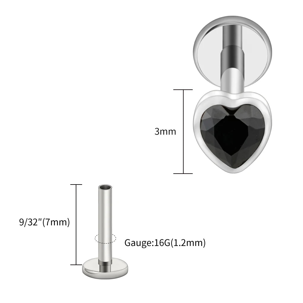 Titanium Heart Labret Stud CZ Flat Back Piercing Jewelry
