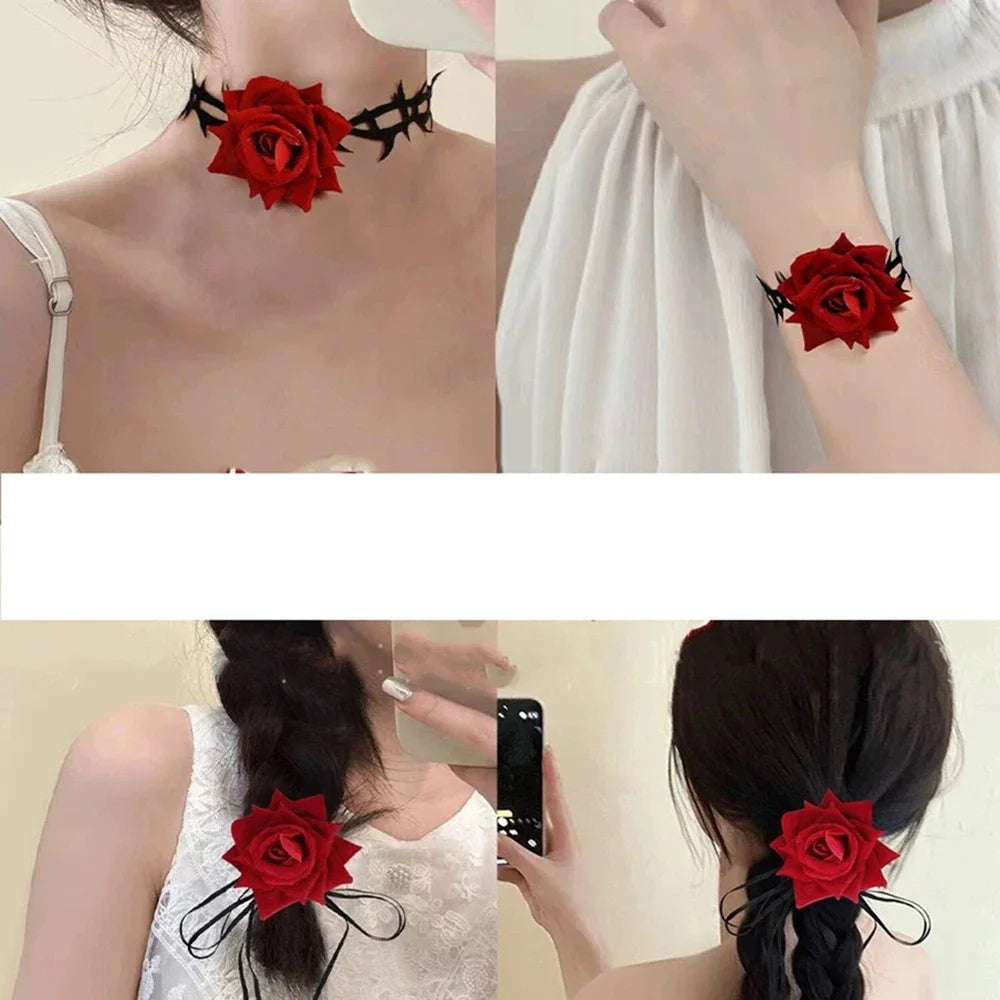 Gothic Rose Choker Lace Thorn Necklace for Halloween Parties