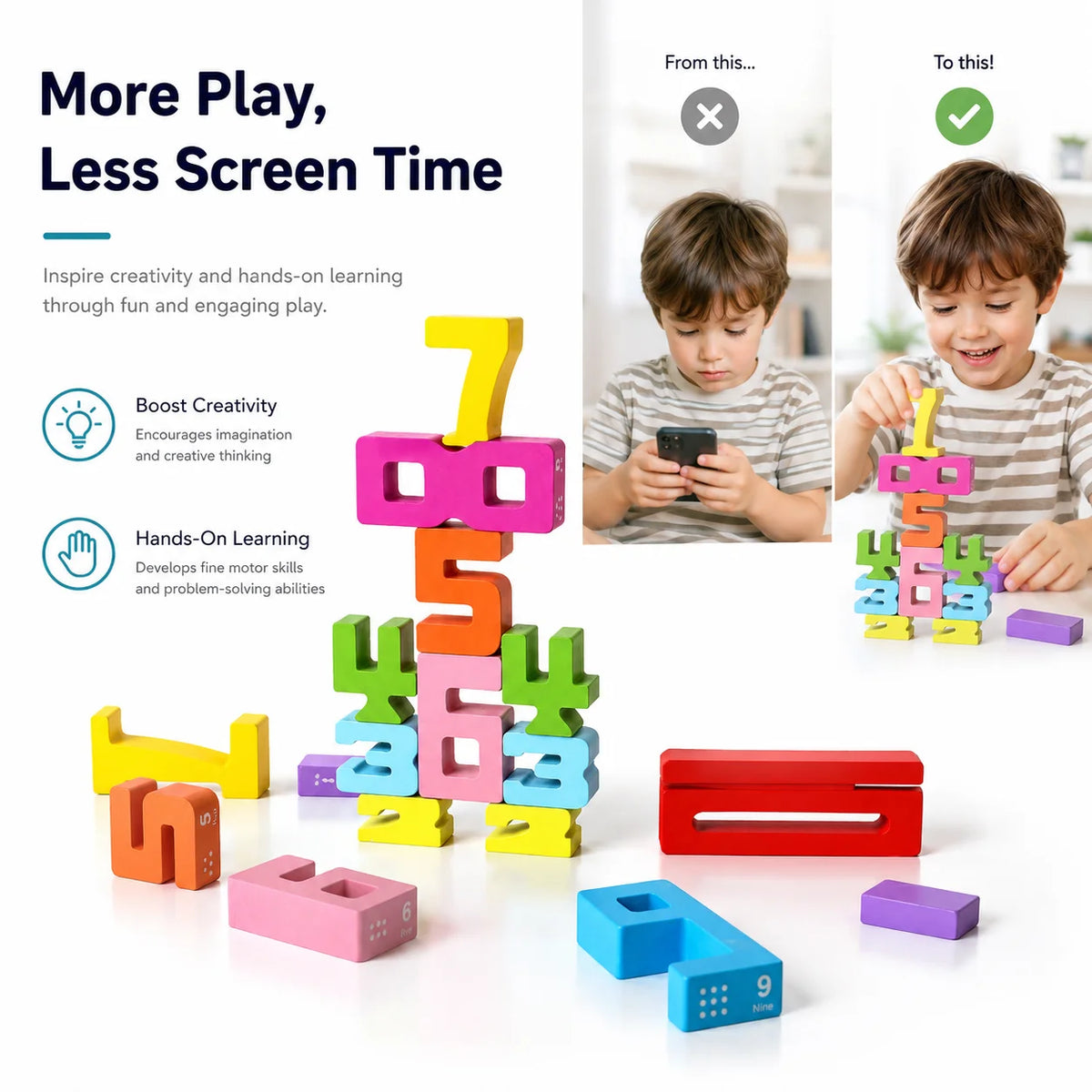 Wooden Number Blocks, Montessori Counting & Stacking Toy