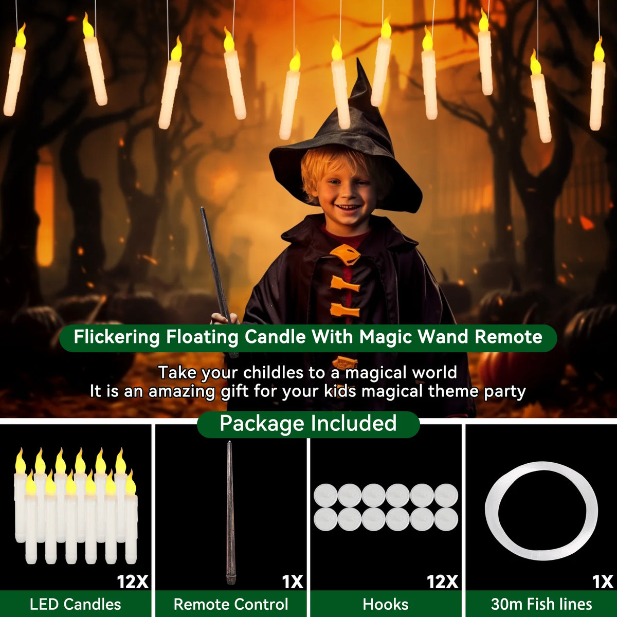 LED Floating Candles with Magic Wand for Halloween Decor