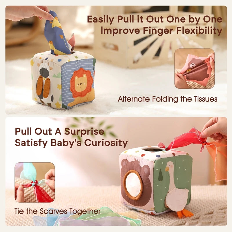 Montessori Tissue Box Toy – Baby Sensory Cloth Busy Cube
