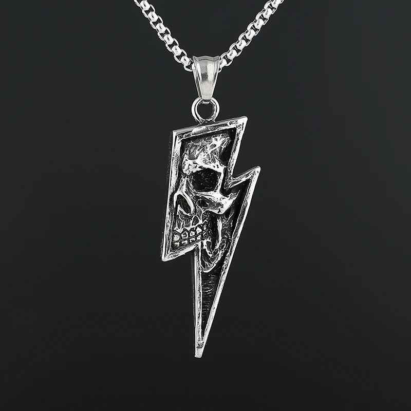 Skull Pendant Necklace Stainless Steel Lightning Design
