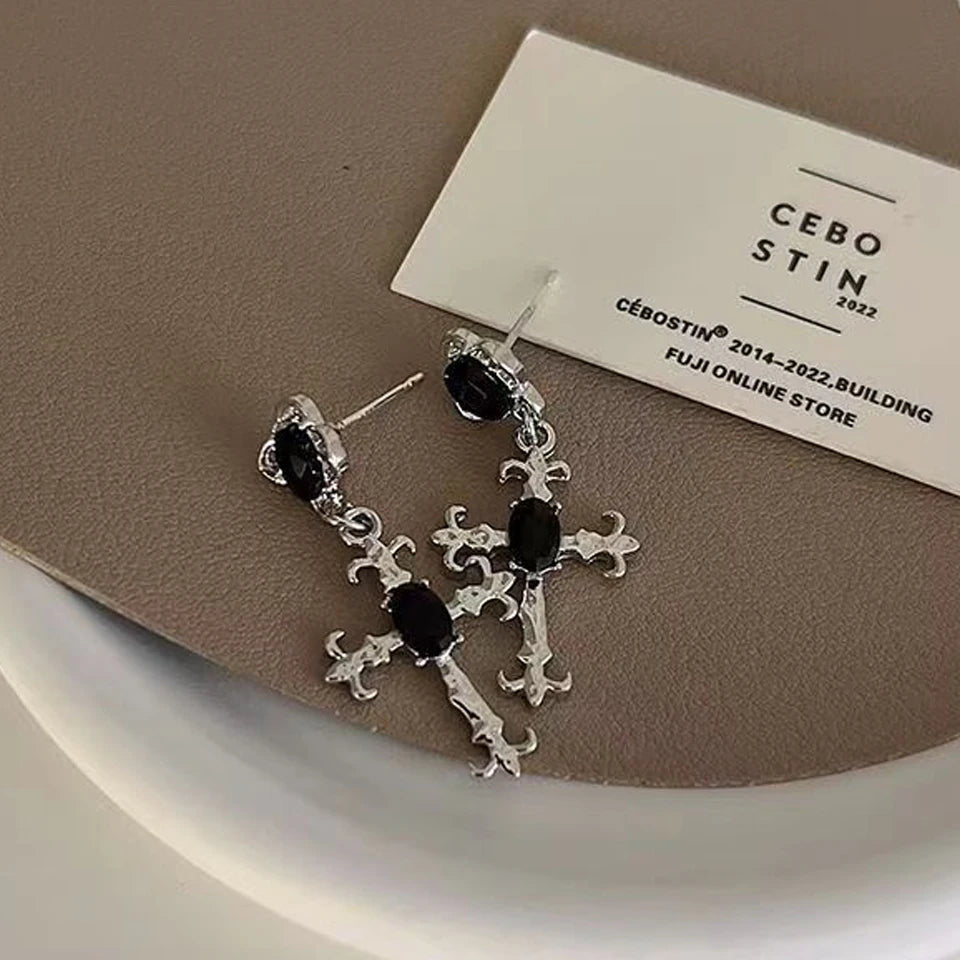 Gothic Cross Drop Earrings Black Crystal Punk Jewelry