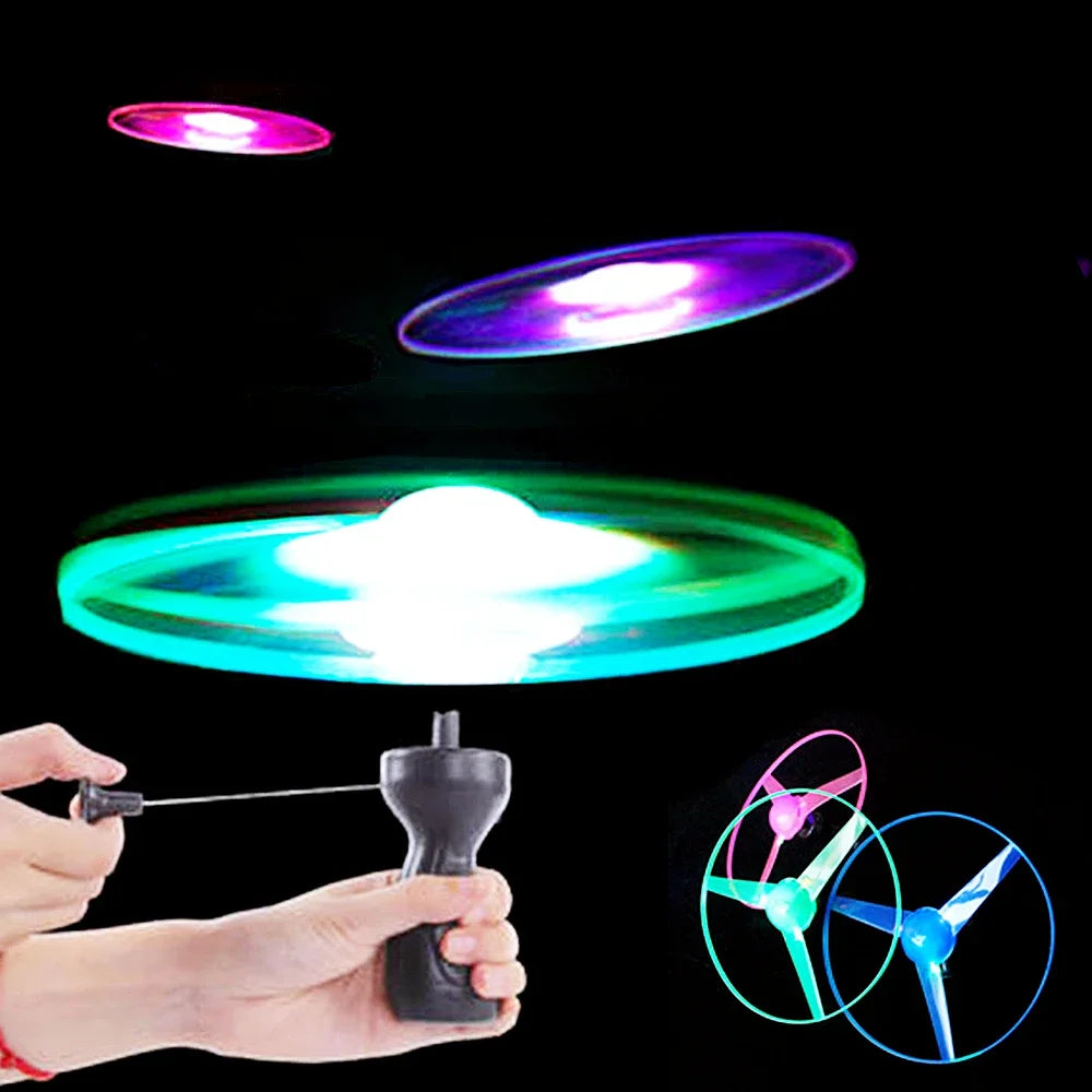 LED Flying Disc Toy Pull String Spinning UFO Outdoor Game