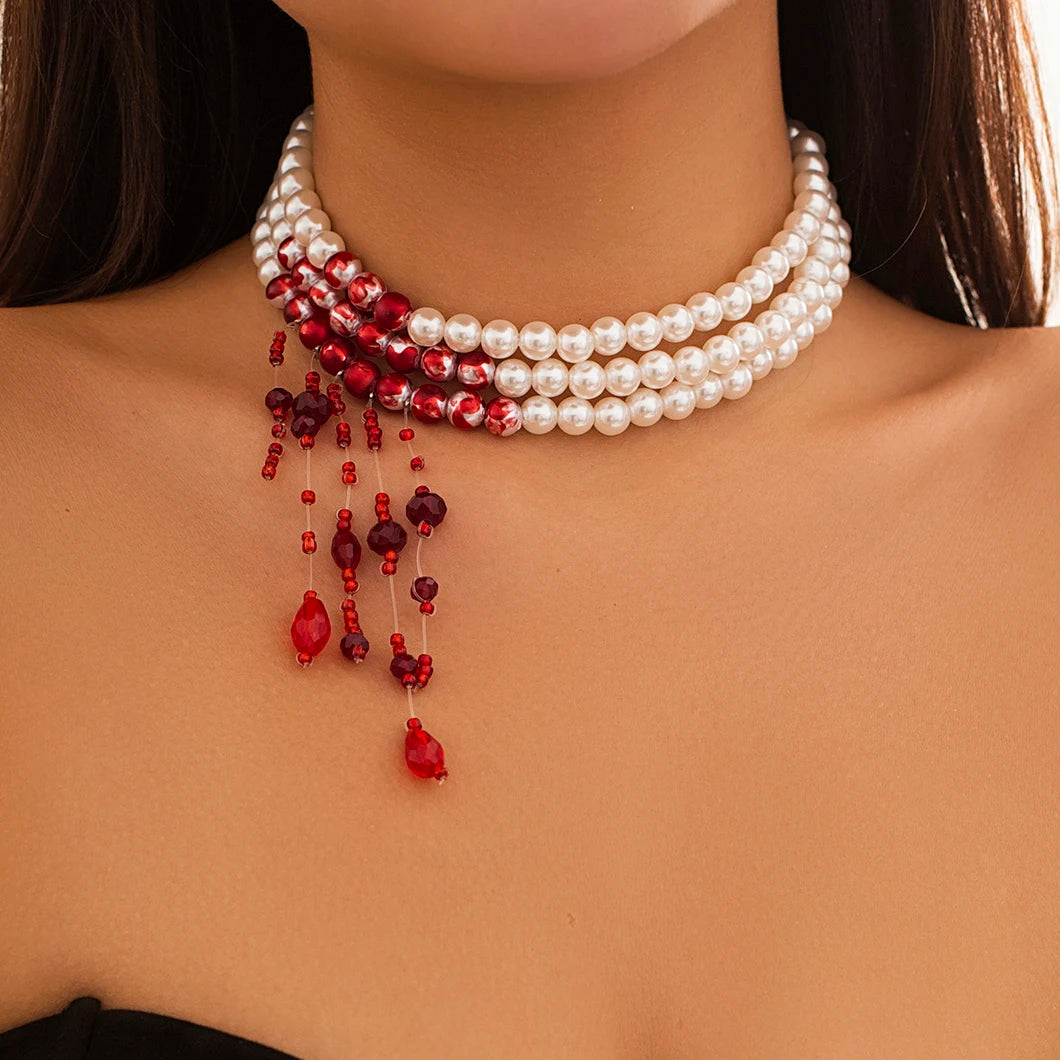 Gothic Halloween Necklace – Red Pearl Tassel Pendant Jewelry