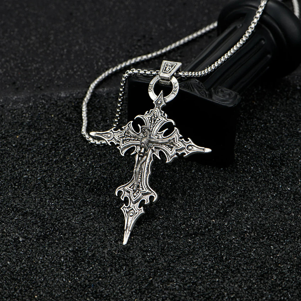 Gothic Cross Pendant Necklace Retro Skull Design