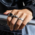 KunJoe Men's Stainless Steel 3pcs/set Square Oil Drip Ring Sets Gothic Punk Silver Color Metal Rings Halloween Party Jewelry