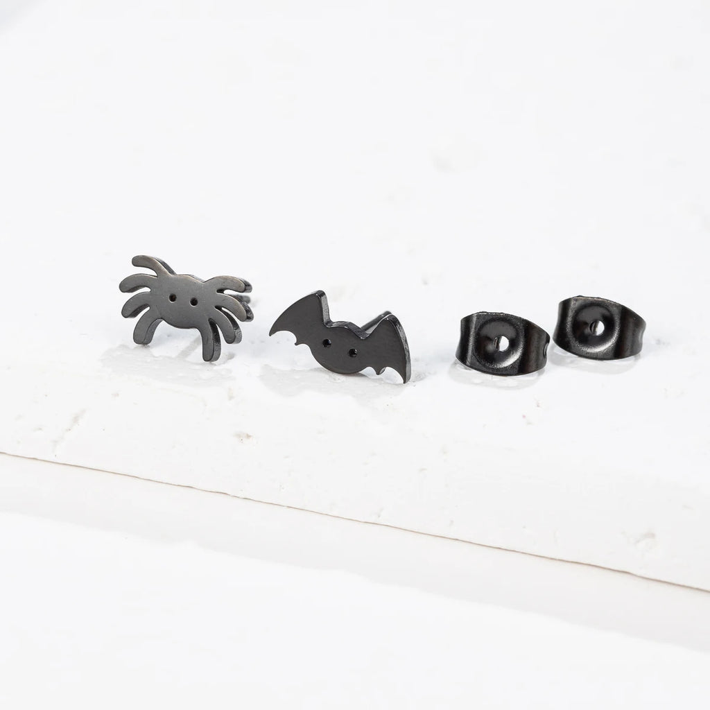 Spider Web Stud Earrings Black Gothic Stainless Steel