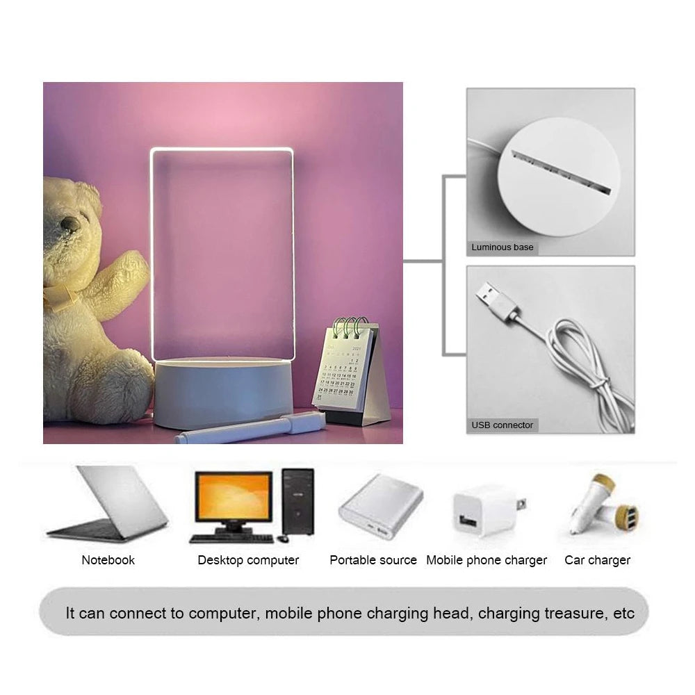Acrylic Message Board Night Light – USB LED Writeable Memo Board