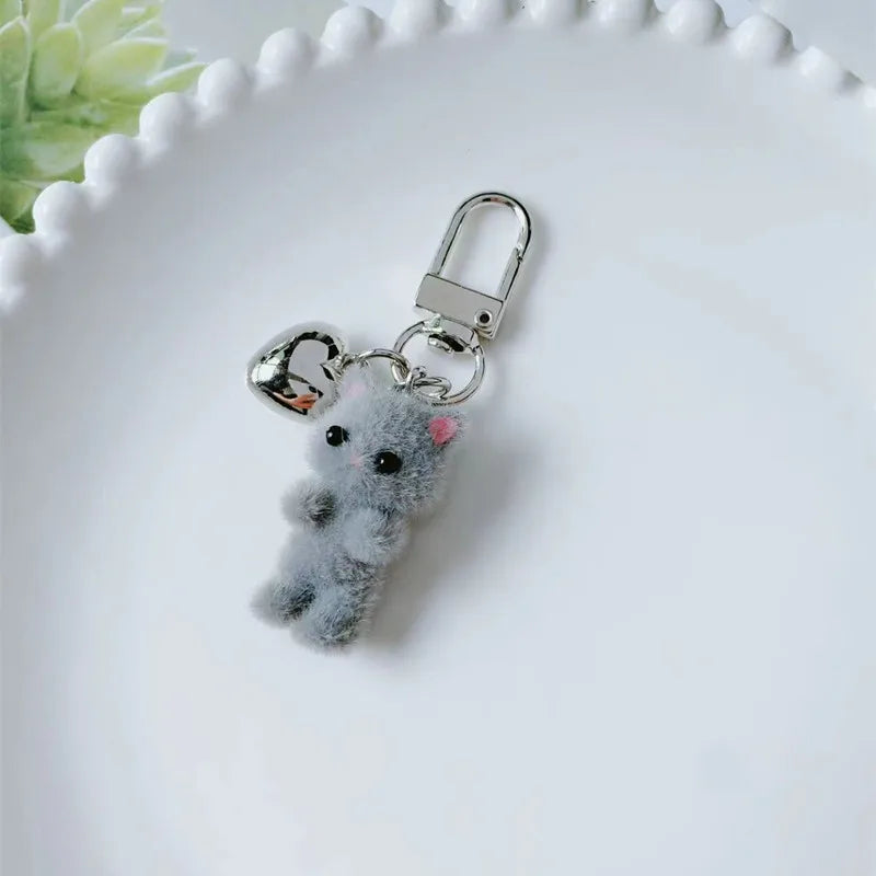 Cat Keychain, Cute Flocked 3D Cat Bag Charm for Phone and Car Keys