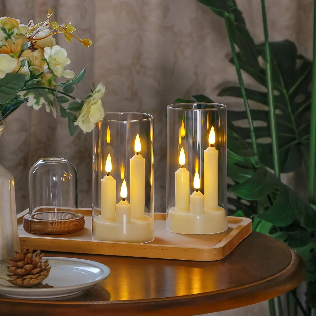 3in1 Flameless Taper Short Candles with Acrylic Lampshade Battery Operated LED Pillar Flickering Candles for Wedding Halloween